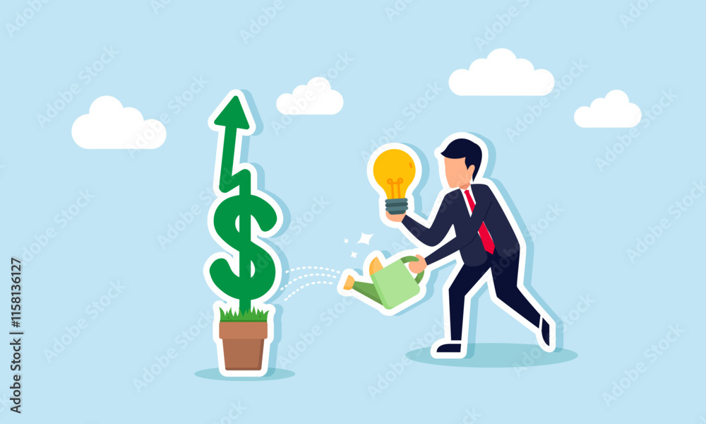 A businessman holding a lit lamp watering dollar plants, illustration of how business ideas and innovations can boost company financial growth A businessman holding a lit lamp watering dollar plants, illustration of how business ideas and innovations can boost company financial growth