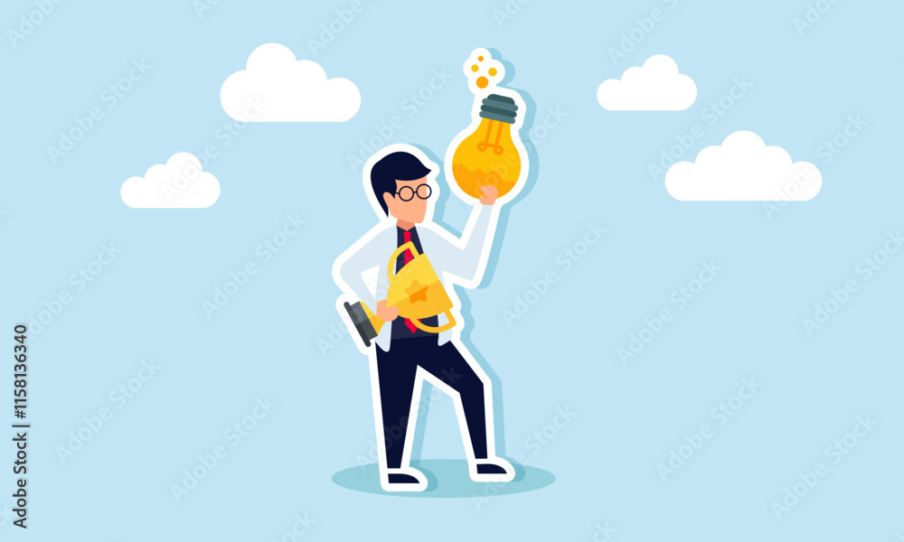 A Businessman like professor holding a trophy and a compound liquid inside a lamp, illustration of formulas in business ideas and innovations to become a leading company A Businessman like professor holding a trophy and a compound liquid inside a lamp, illustration of formulas in business ideas and innovations to become a leading company