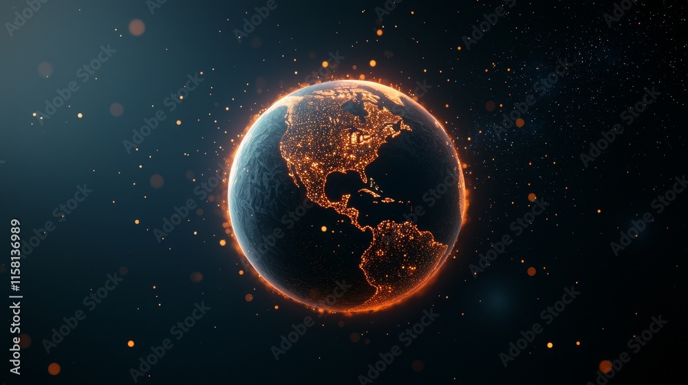 Obraz premium A glowing Earth surrounded by a cosmic background, showcasing illuminated continents and a captivating, futuristic appearance.