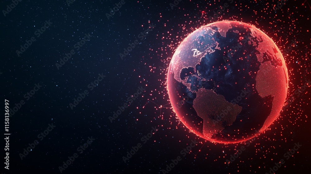 Fototapeta premium A digital representation of Earth surrounded by glowing particles, showcasing a cosmic and futuristic aesthetic.