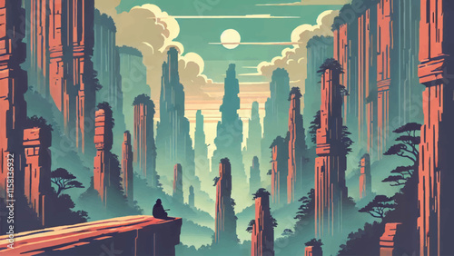 Landscape illustration of Wulingyuan, China, an area with thousands of towering sandstone pillars, often shrouded in mist, creates a mystical landscape 