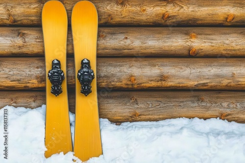 Snowboard Equipment Against Wooden Cabin Background photo