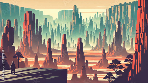 Landscape illustration of Wulingyuan, China, an area with thousands of towering sandstone pillars, often shrouded in mist, creates a mystical landscape 