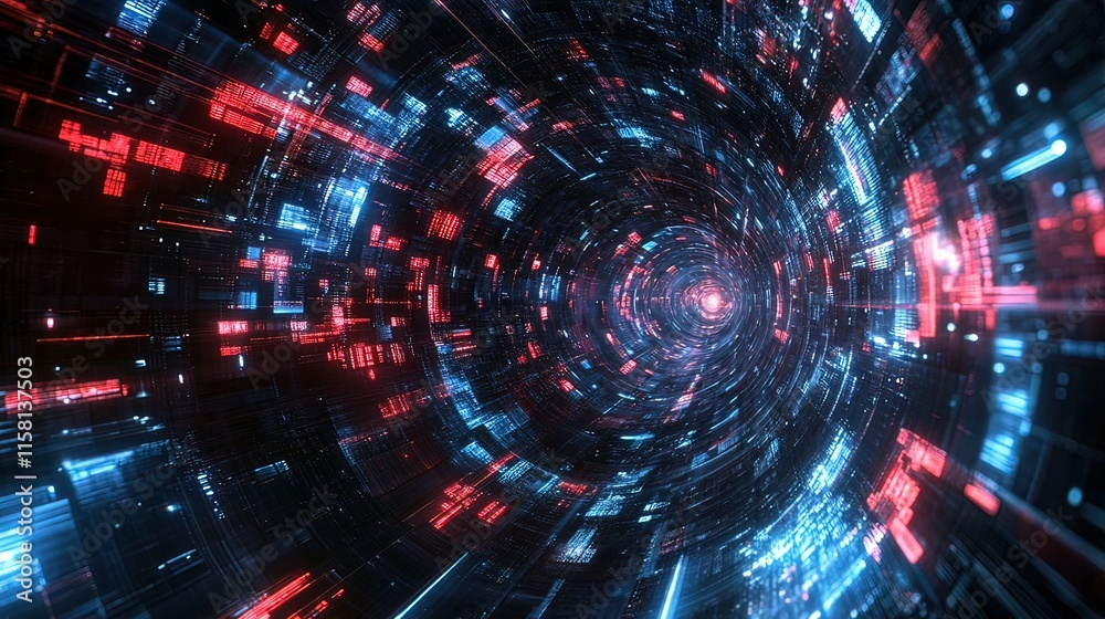 Fototapeta premium Abstract digital tunnel with glowing red and blue lines and data streams.