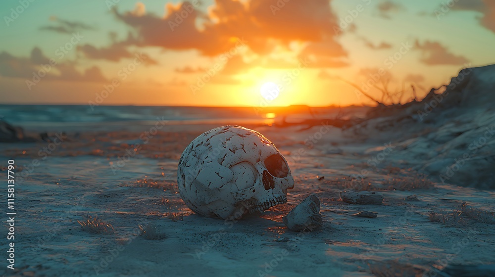Weathered Skull on a Desolate Beach at Sunset Weathered Skull on a Desolate Beach at Sunset