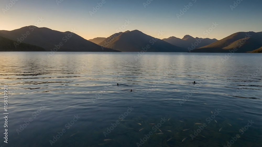Pedder Galaxias at Sunrise: A Peaceful Swim in Lake Pedder with Water Reflections and Morning Glow Pedder Galaxias at Sunrise: A Peaceful Swim in Lake Pedder with Water Reflections and Morning Glow