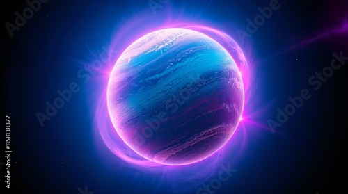 Abstract digital art: A massive, heroic planet with swirling teal, magenta, and orange gradients