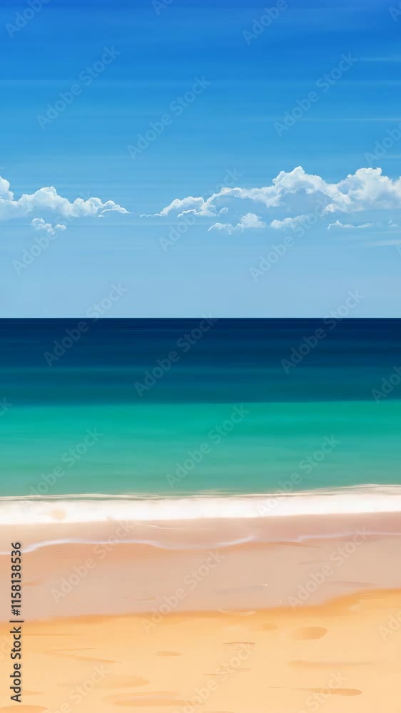 Clear blue ocean meets golden sandy beach under a sunny sky with fluffy white clouds Clear blue ocean meets golden sandy beach under a sunny sky with fluffy white clouds