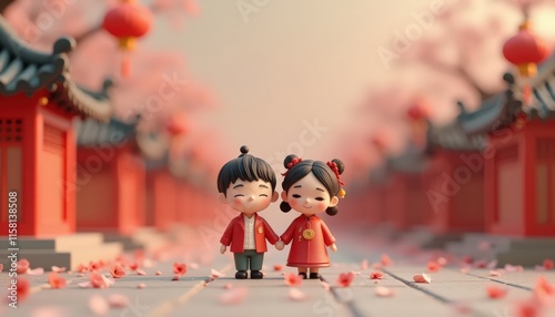 Wallpaper Mural a happy Chinese couple of figures wearing hanfu, an inviting home setting with a blurred background, suggesting a cozy and comfortable atmosphere Torontodigital.ca