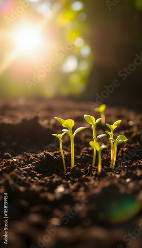 Seedlings reach for the morning sunlight, emerging from nutrient-rich soil. This represents a commitment to ecological growth and a bright future., Dreamy, with white tones