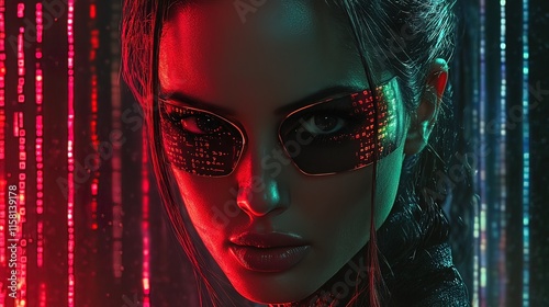 Close-up portrait of a woman with futuristic cybernetic eye patch, red and blue lighting.