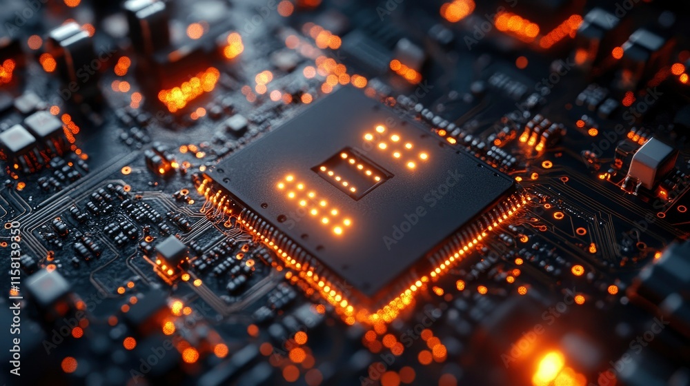 Close-up of Illuminated Microchip on Circuit Board - High-Tech Technology Concept Close-up of Illuminated Microchip on Circuit Board - High-Tech Technology Concept