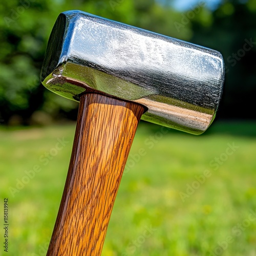 Metal Hammer with Wooden Handle on Green Nature Background