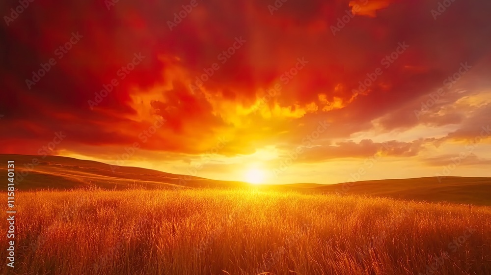 Obraz premium Fiery sunset over rolling hills and golden wheat field.
