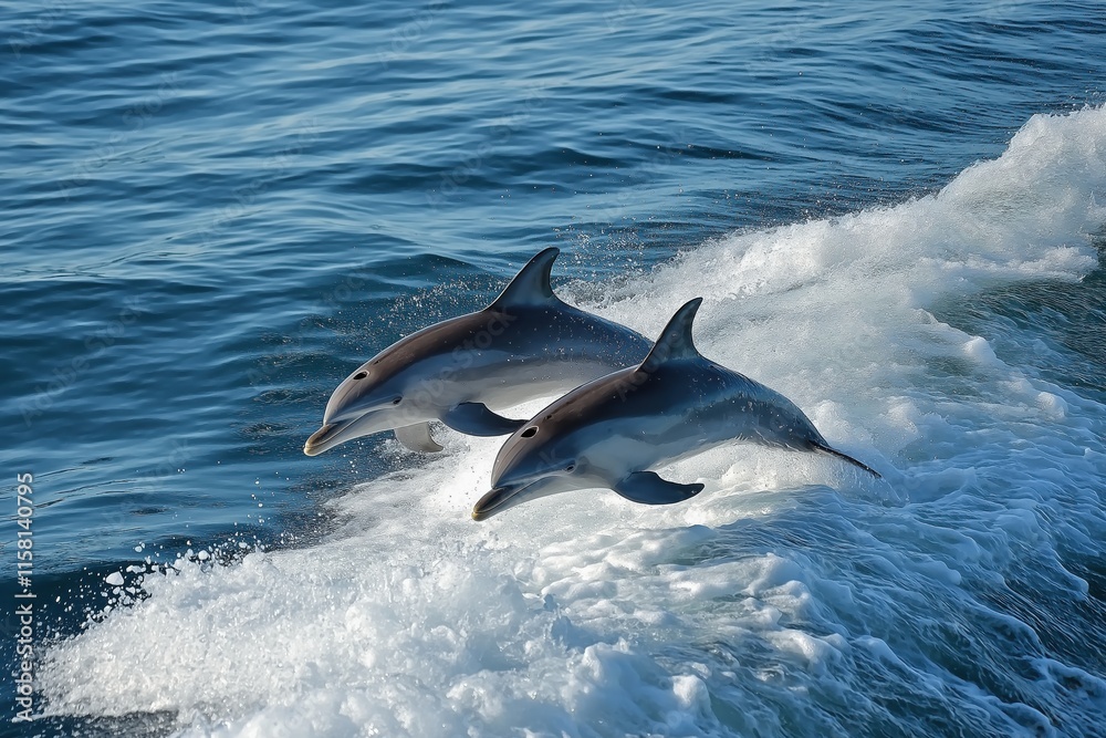 Fototapeta premium Two Dolphins Jumping Over Ocean Wave