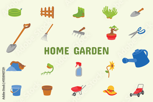 Home Garden Flat Vector Illustration Icon Sticker Set Design Materials
