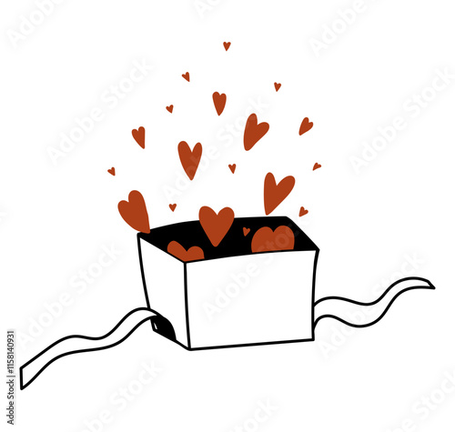 Red hearts fly out of the box. Hand drawing. Flat vector illustration, eps10