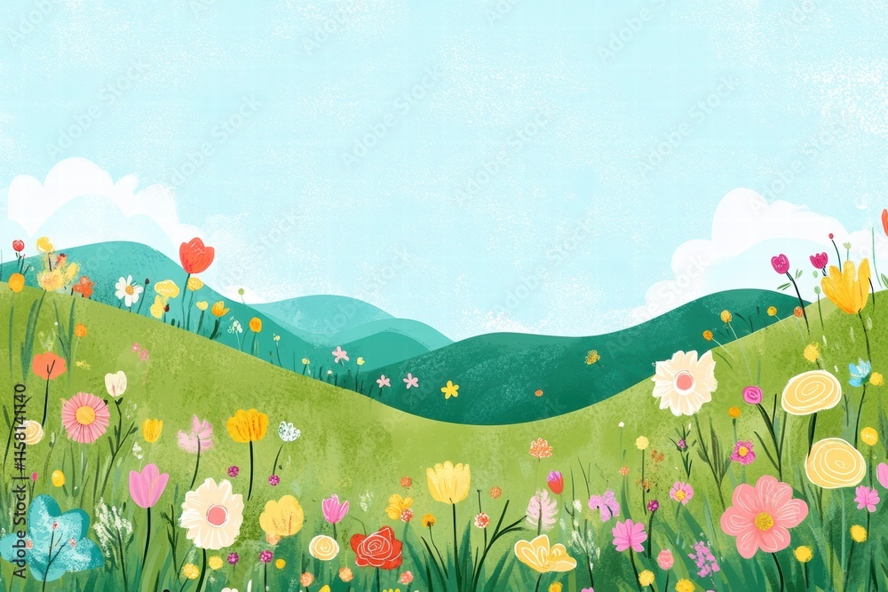 Fototapeta premium Bright and colorful naive art style landscape with vibrant flowers and sky for creative mock up. Generative AI