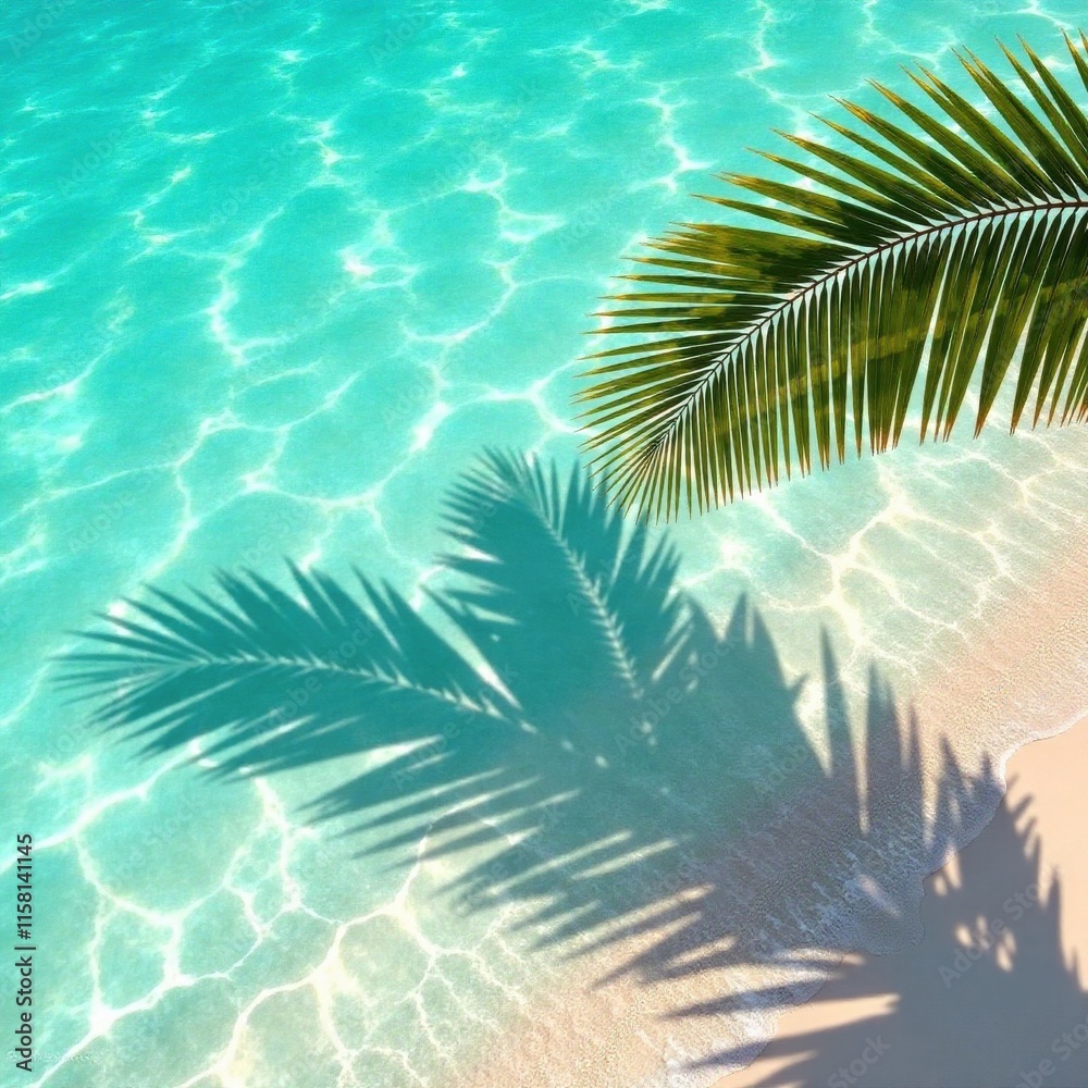 Long palm frond shadow slants across turquoise water, leaves, scene Long palm frond shadow slants across turquoise water, leaves, scene