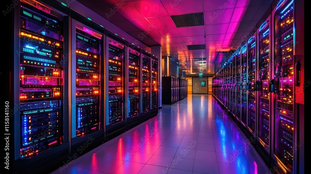 Vibrant server room with rows of lit network equipment. Vibrant server room with rows of lit network equipment.