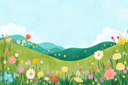 Bright and colorful naive art style landscape with vibrant flowers and sky for creative mock up. Generative AI