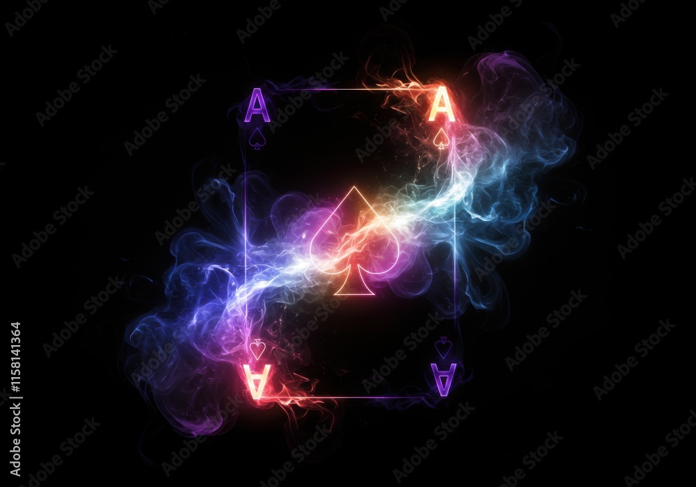 Glowing playing cards with fiery effects in a dark and smoky atmosphere Glowing playing cards with fiery effects in a dark and smoky atmosphere