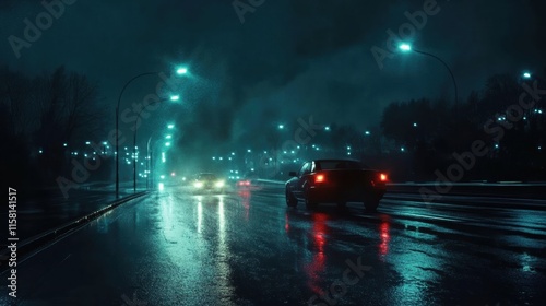 Bright car lights streak across a rainy night road with reflections illuminating the dark surroundings. Generative AI photo