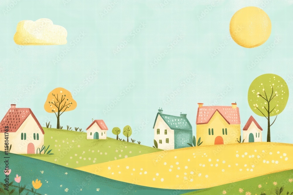 Charming naive art style scene of colorful houses and nature under a bright sun. Generative AI Charming naive art style scene of colorful houses and nature under a bright sun. Generative AI