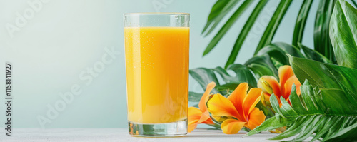 Fresh fruit drinks and juices summer concept. Fresh mango juice in glass surrounded by tropical leaves and flowers