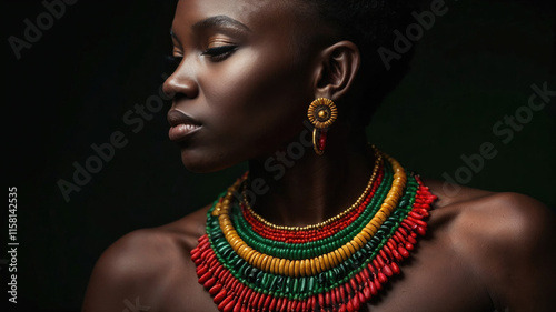 Artistic portrait of an African woman in cultural attire with bright colored ribbon accents on a dark background photo