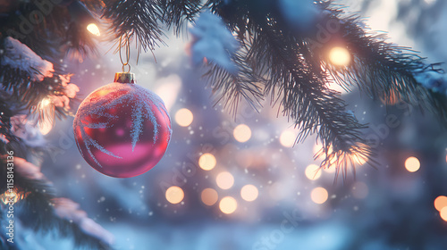 Close up of a vibrant red christmas ornament hanging on a snowy pine tree branch against a blurred background of twinkling holiday lights. Glimmer. Illustration photo