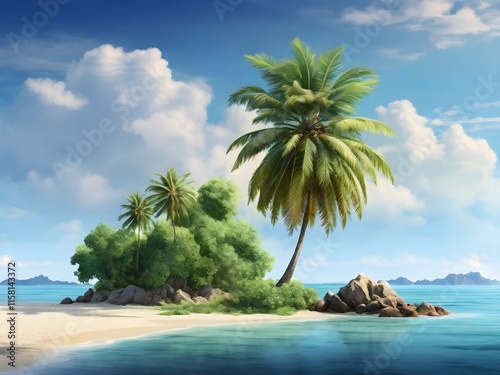 majestic coconut tree standing tall on a deserted island, its leaves rustling in the gentle sea breeze, inviting you to escape to paradise. photo