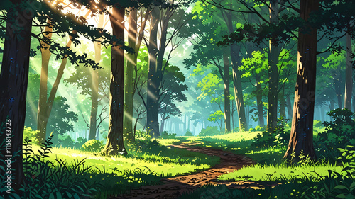 Tranquil forest with sunlight - Anime aesthetic wallpaper