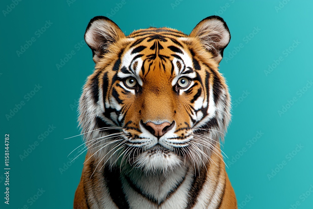 A striking, close-up image of a tiger's face, showcasing its intense gaze and distinctive orange and black stripes against a vibrant teal background. A striking, close-up image of a tiger's face, showcasing its intense gaze and distinctive orange and black stripes against a vibrant teal background.