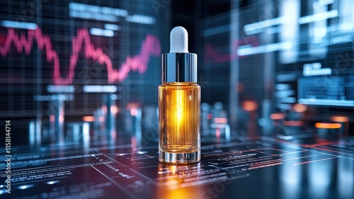 A glass dropper bottle with golden liquid sits on a digital interface, surrounded by financial graphs and data, representing beauty and technology.