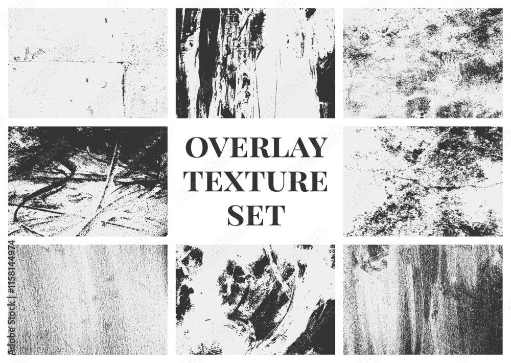 Fototapeta premium Overlay textures set with grunge effect, featuring old damage, dirty grainy scratches. A collection of different distressed black grain textures for creative design.