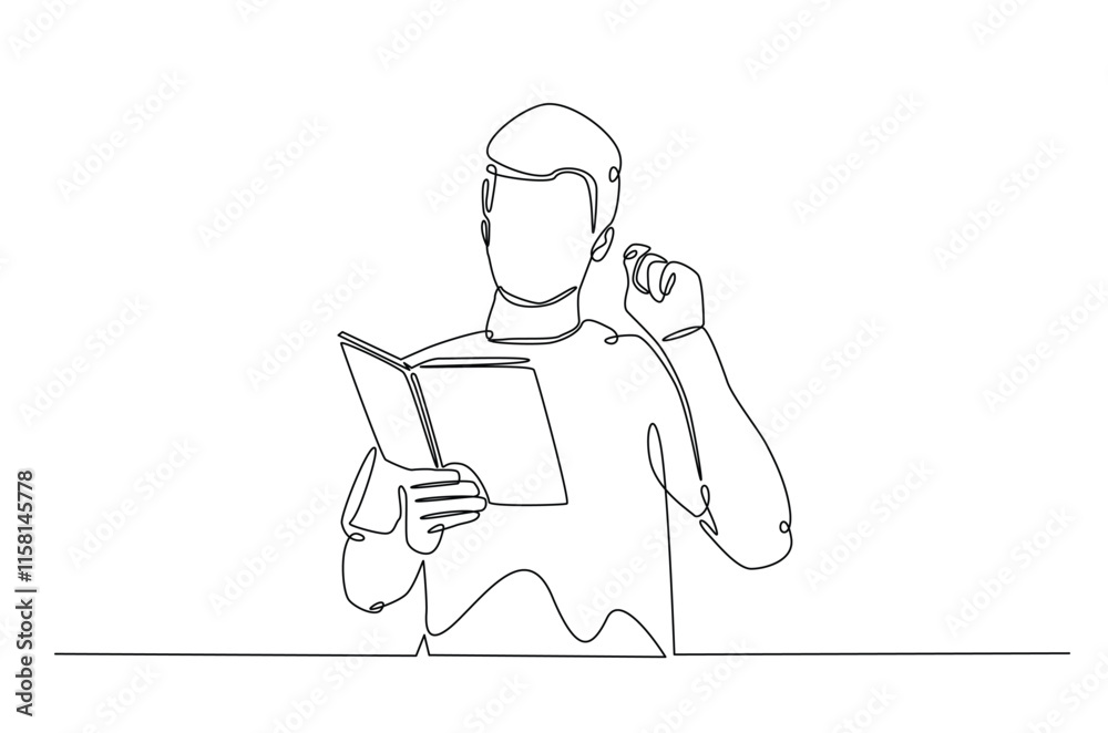 Man reading a book continuous one line drawing. Person study by reading book in single line art illustration. Editable vector. Man reading a book continuous one line drawing. Person study by reading book in single line art illustration. Editable vector.