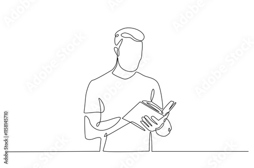 Man reading a book continuous one line drawing. Person study by reading book in single line art illustration. Editable vector.