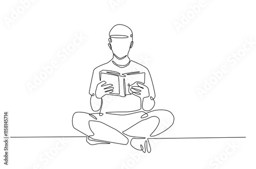 Man reading a book continuous one line drawing. Person study by reading book in single line art illustration. Editable vector.