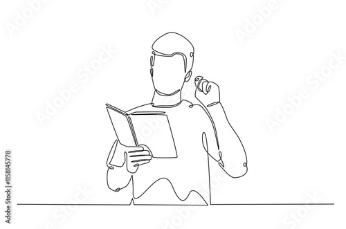 Man reading a book continuous one line drawing. Person study by reading book in single line art illustration. Editable vector.