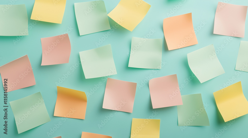 Pastel Post-it Notes: A vibrant array of pastel-colored post-it notes, arranged in a scattered pattern, evoke a sense of organization and creativity. Pastel Post-it Notes: A vibrant array of pastel-colored post-it notes, arranged in a scattered pattern, evoke a sense of organization and creativity.