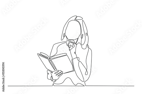 Woman reading a book continuous one line drawing. Teacher reading book in single line art illustration. Editable vector.