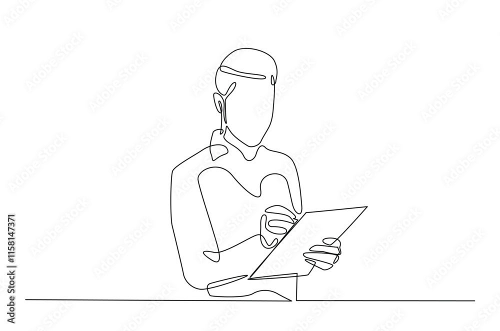 Businessman writing notes continuous one line drawing. Businessman making notes in single line art illustration. Editable vector. Businessman writing notes continuous one line drawing. Businessman making notes in single line art illustration. Editable vector.