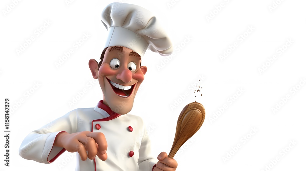 Cheerful Cartoon Chef Holding Wooden Spoon and Sprinkling Spices Cheerful Cartoon Chef Holding Wooden Spoon and Sprinkling Spices