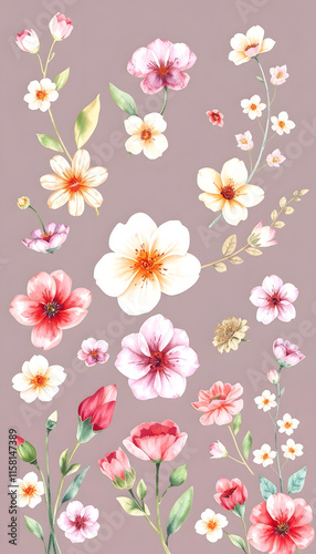 Watercolor spring flowers collection, Spring florals, collage style, with white tones