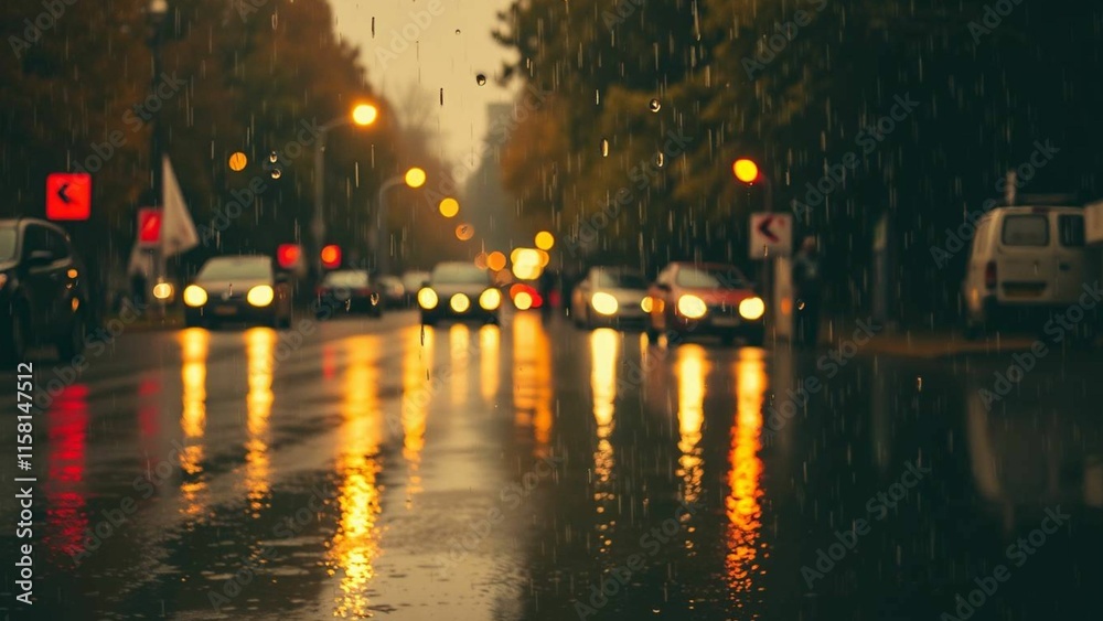 Fototapeta premium Blurry city street in the evening on a rainy day