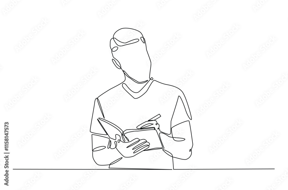 Businessman writing notes continuous one line drawing. Businessman making notes in single line art illustration. Editable vector. Businessman writing notes continuous one line drawing. Businessman making notes in single line art illustration. Editable vector.