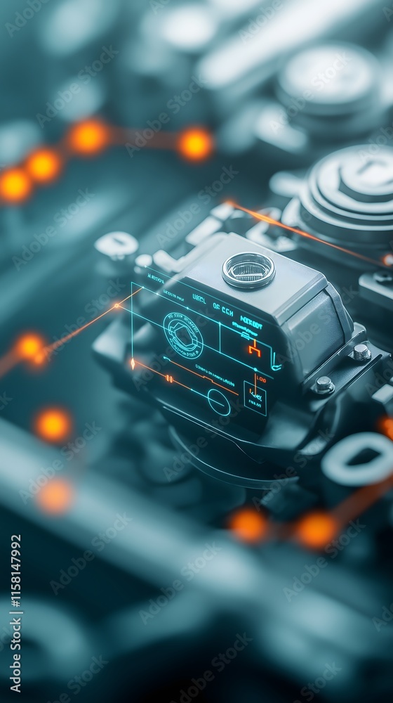 Fototapeta premium Mechanics repair, diagnostics and testing concept: Engine parts displayed with a digital diagnostic screen overlay, symbolizing integration of technology in mechanics.