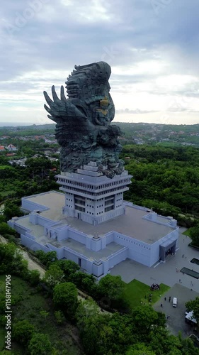 Aerial drone view of Garuda Wisnu Kencana Park in South Kuta, Bali, Indonesia