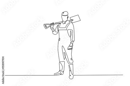 Farmer holding shovel continuous one line drawing. Farmer and farm equipment in single line art illustration. Editable vector.